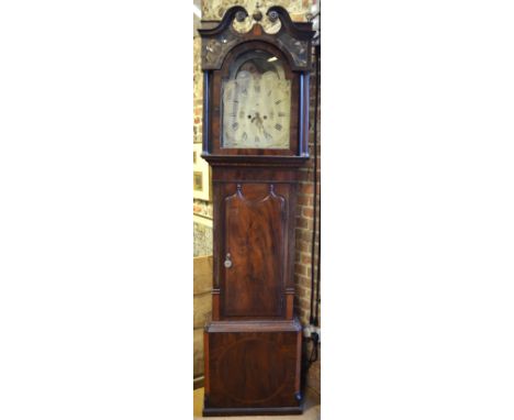 A Victorian inlaid mahogany 8-day longcase clock, the broken swan-neck hood enclosing an oversized painted arched dial incorp