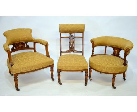 Three late 19th century inlaid walnut framed upholstered chairs, one having a hump back both raised on turned front legs, on 