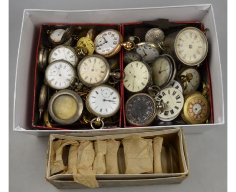 A quantity of plated and base metal pocket watches, movements, parts and watchmaker's tools, including a miniature anvil, to/