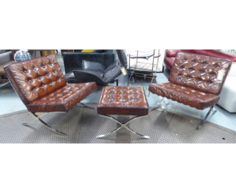BARCELONA ARMCHAIRS, a pair, 1970's deep button upholstered hand finished leaf brown leather on X frame chromium supports eac