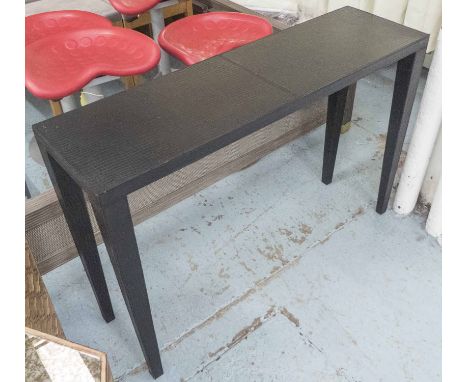 CONSOLE TABLE, in faux crocodile skin patterned black leather, 120cm L x 36cm W x 81cm H. (with faults)
