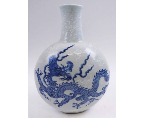 CHINESE MOON FLASK, 'pate sur pate' style ground with blue dragon detail, character marks to base, 32cm H.