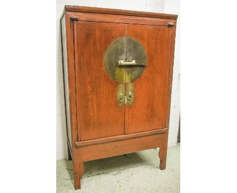 MARRIAGE CABINET, early 20th century, Chinese Provincial, scarlet lacquered, with two doors enclosing shelf and drawer, 170cm