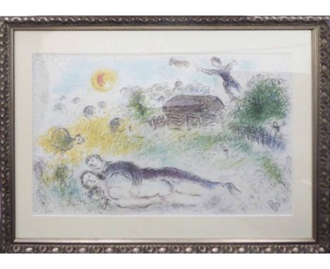 MARC CHAGALL 'Lovers at Isba', lithograph, Derriere le Miroir no 246, May 1981, 47cm x 31.5cm, framed.