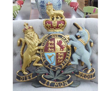 ROYAL COAT OF ARMS, in a polychrome finish, 78cm x 70cm.