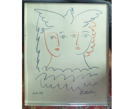 PABLO PICASSO 'Deux Visages et Colombe', lithograph in colours, with signature and date in the stone, 37cm x 50cm. (Subject t