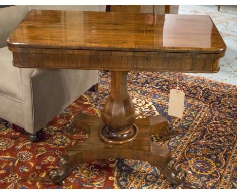 CARD TABLE, Victorian rosewood rounded rectangular foldover baize line with faceted column, 93cm x 46cm x 76cm H.