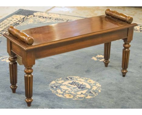 HALL BENCH, Regency design mahogany rectangular with turned bolster handles and reeded supports, 100cm x 53cm H x 33cm.