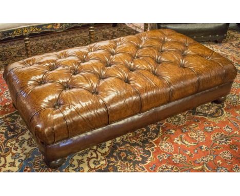 HEARTH STOOL, traditional rectangular button upholstered and hand finished in leaf brown leather with turned supports, 140cm 
