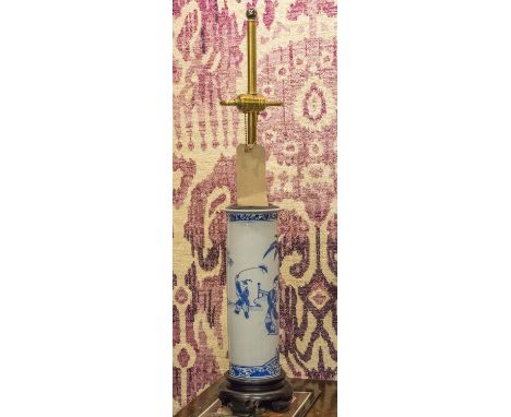 LAMP, Chinese blue and white ceramic cylinder form with characters and wooden stand, 48cm H.