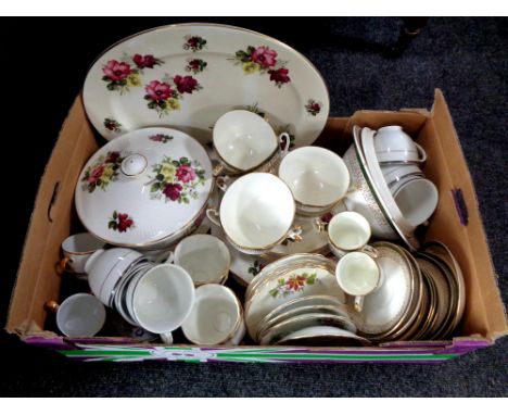 A box containing assorted tea china and dinner ware to include Royal Grafton, Majestic, Windsor, Christmas teacups and saucer