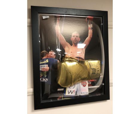 A sporting memorabilia montage : A signed gold VIP boxing glove, Billy Joe Saunders, with certificate of authenticity from Mo