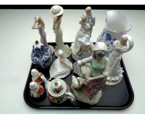 A tray containing Royal Albert Old Country Roses teapot and salt sellers, assorted figurines to include Leonardo, blue and wh