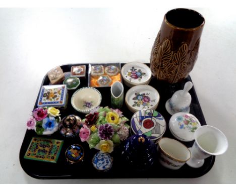 A tray containing miscellaneous to include lidded pill boxes, Royal Worcester coasters, Wedgwood and Aynsley cabinet china, c