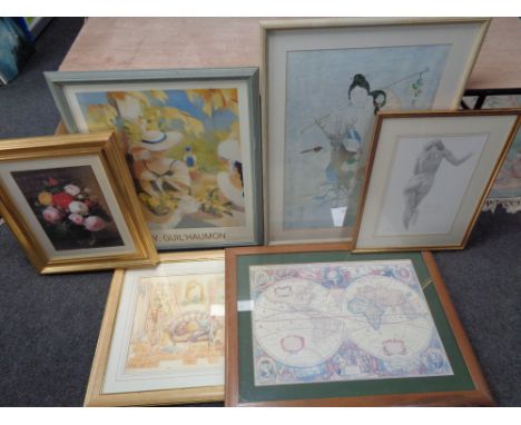Six large framed prints to include world map, a M Glyne signed Art Deco print, still life etc 