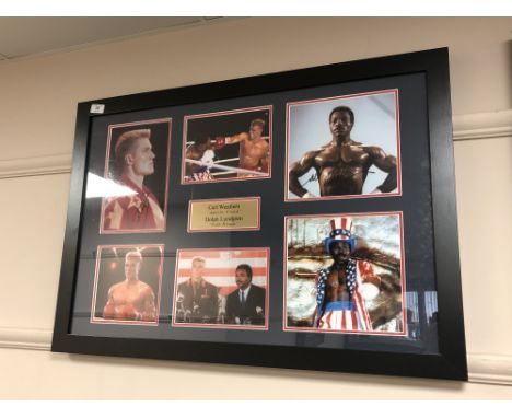 A sporting memorabilia montage : Carl Weathers 'Apollo Creed' and Dolph Lundgren 'Ivan Drago', two signed photographs, framed