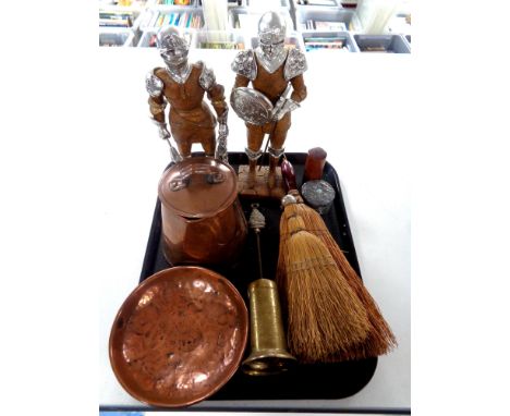 A tray containing miscellaneous to include antique copper lidded pot and bowl, hand brushes, Art Deco pewter lidded dressing 