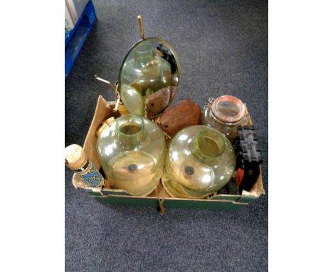 A box containing two etched glass hurricane table lamps, shaving mirror, Kilner jar, Deco glass table lamp, rain stick etc 