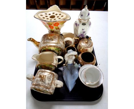 A tray containing assorted china to include Sadler tea ware, an Arthur Wood Art Deco vase, Nao figure etc 