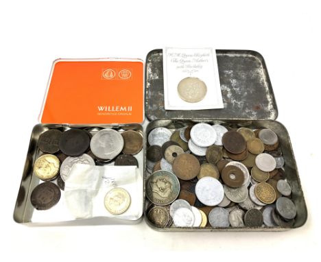 Two vintage tins containing a collection of old coins, including; George III and later pennies, 1951 crown, Queen Mother 90th