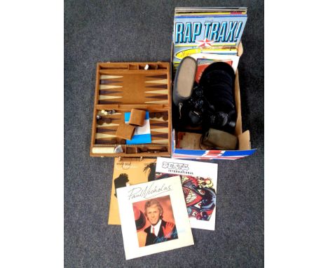 A box containing a quantity of LPs and vinyl 7 inch singles, cased Panorama binoculars, cased backgammon set, camera 