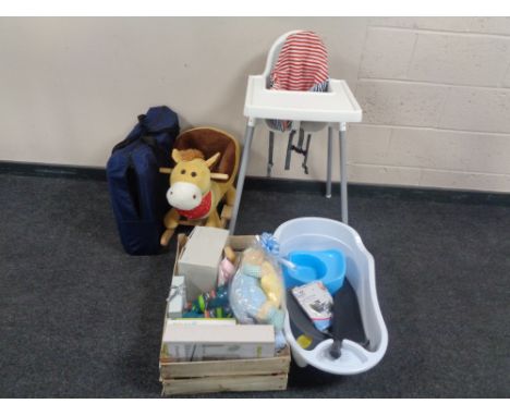A travel cot in carry bag (as new) together with an Ikea high chair, baby bath, rocking soft toy, baby art, Disney baby's din