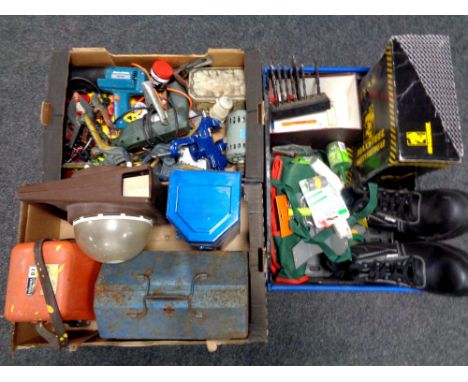 Three boxes containing work boots, metal toolboxes, hand tools, power tools, drill bits etc 