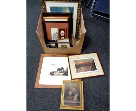 A box containing assorted framed pictures and prints to include an oil on canvas, violin, an Ivan Lindsay signed print, Tyne 