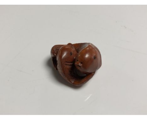 A carved Chinese hardwood netsuke - Two carp