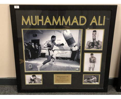 A sporting memorabilia montage : Muhammad Ali 'The Greatest', signed print in black ink, with certificate of authenticity fro