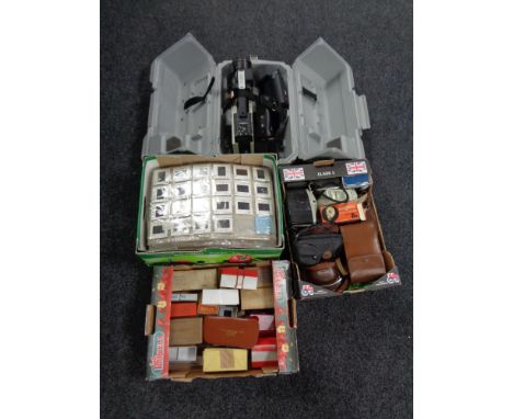 A box containing vintage cameras and camera accessories together with two further boxes containing slides and slide boxes, to