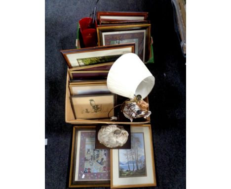 Two boxes containing pictures, figural table lamp with shade, champagne bucket etc  