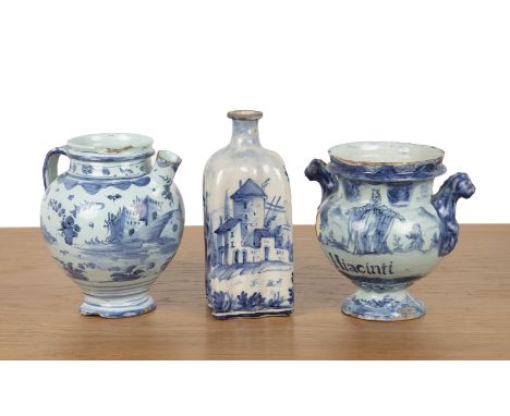Three Savona blue and white maiolica piecesItaly, 18th Century, including a wet drug jar painted with landscapes and building