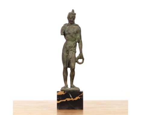 Verdi gris Grand Tour bronzeon a marble base, 25cm high  With a loss to the left arm, which may be from the original sculptur