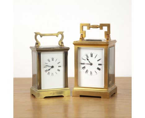 Two brass-cased carriage clocksthe first a Margaine French gilt brass carriage clock, the white enamel dial with Roman numera