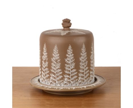 Attributed to James Dudson Victorian brown Jasperware cheese dome, possibly for Stilton, with applied sprig decoration and ro
