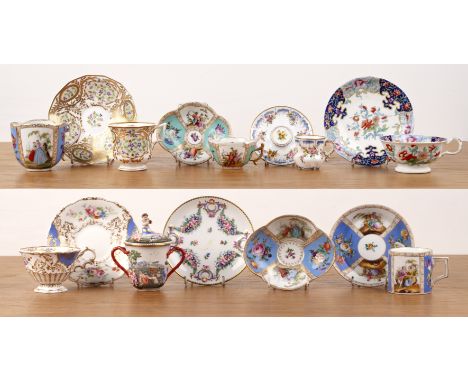 Collection of teacups and saucers to include a Dresden example, marked 'AR' to the base; a Felspar Porcelain example, the tea