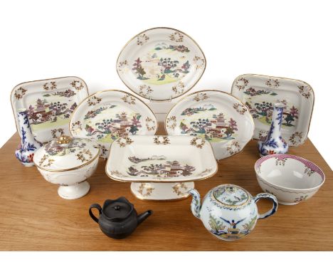 Group of mixed ceramics and porcelain Comprising a pair of Staffordshire bud vases with imari type decoration, a tin-glazed t