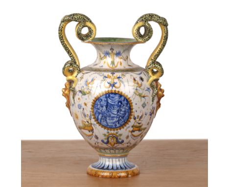 Large Majolica Cantagalli two-handled vaseof Renaissance form, with reserve panels, satyr and serpent handles on a circular b