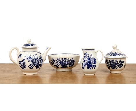Worcester part servicecirca 1770-80 painted in underglaze blue with flower and butterfly pattern, comprising a sucrier and co