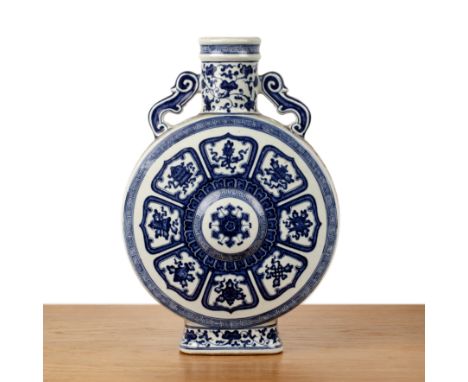 Blue and white porcelain moon flaskChinese, late 20th Centurywith Buddhistic panels around a central lotus design, trailing f