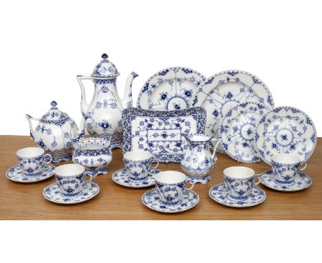 Royal Copenhagen tea service Fluted blue lacd pattern, number 1035, comprising a teapot, coffee or water pot, six cups and sa