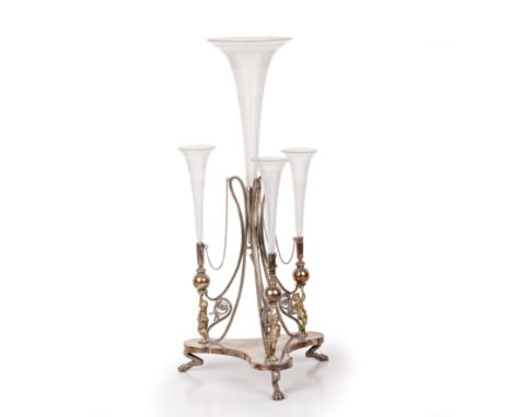 Silver plated epergne by John Grinsell & Sons, with etched glass trumpets, standing on a triform base, terminating in paw fee