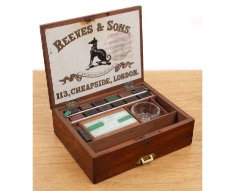 Reeves & SonsLondon; 19th Century; mahogany artist's box; the brass hinged lid lifting to reveal a selection of artist's tool