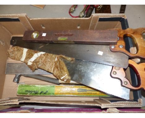 A Roberts and Lee saw in unused condition; another; a Record No 4 plane; other tools