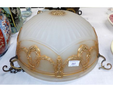 An Edwardian large opaque glass light bowl with raised gilt decoration and original fittings