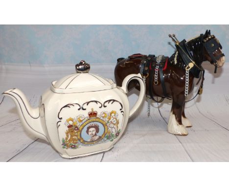 A Beswick shire horse with collar and tack; a QEII Coronation teapot