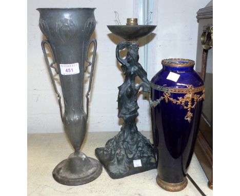 A continental art nouveau pewter vase; a Vienna style porcelain vase; a figural lamp