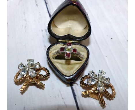 An Elizabethan style ring set with gemstones in cross formation, inscribed "Where hearts agree God will be"; a pair of Christ