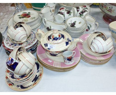A Gaudy Welsh part tea service; a Victorian pink and gilt part dessert service; another part dinner and tea service
